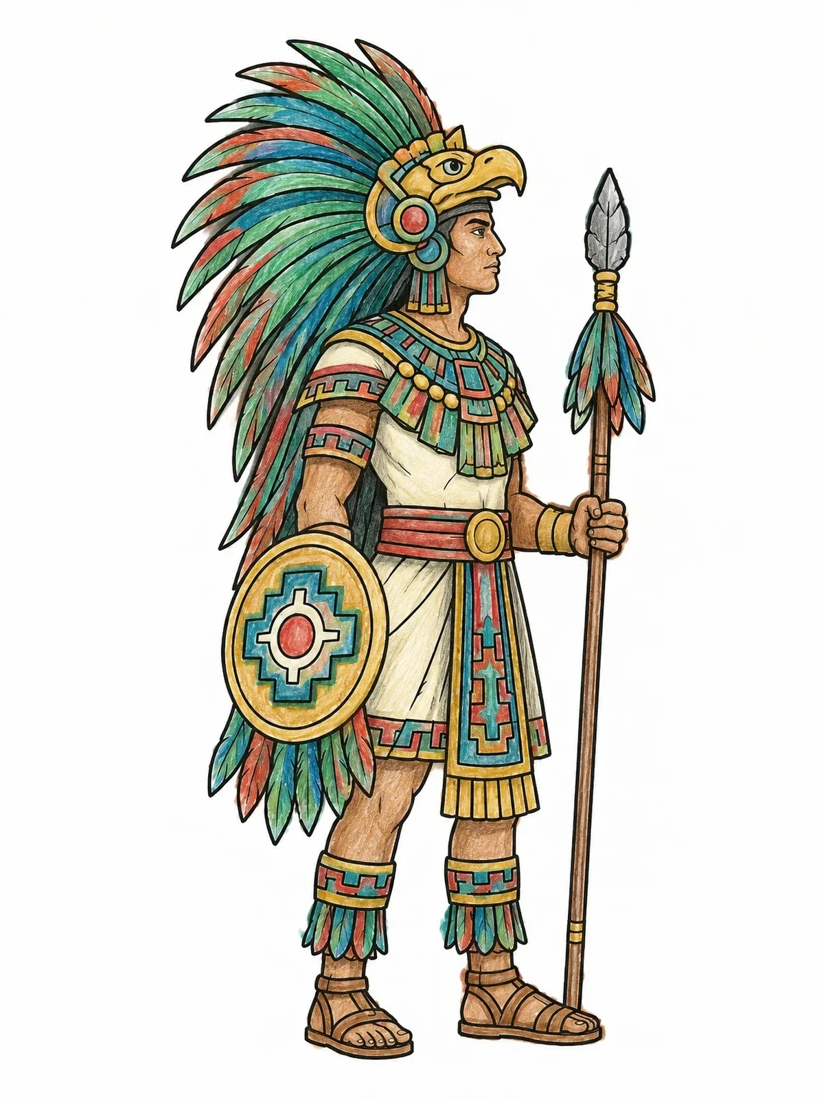 Colored example of the Aztec Eagle Warrior In Profile coloring page