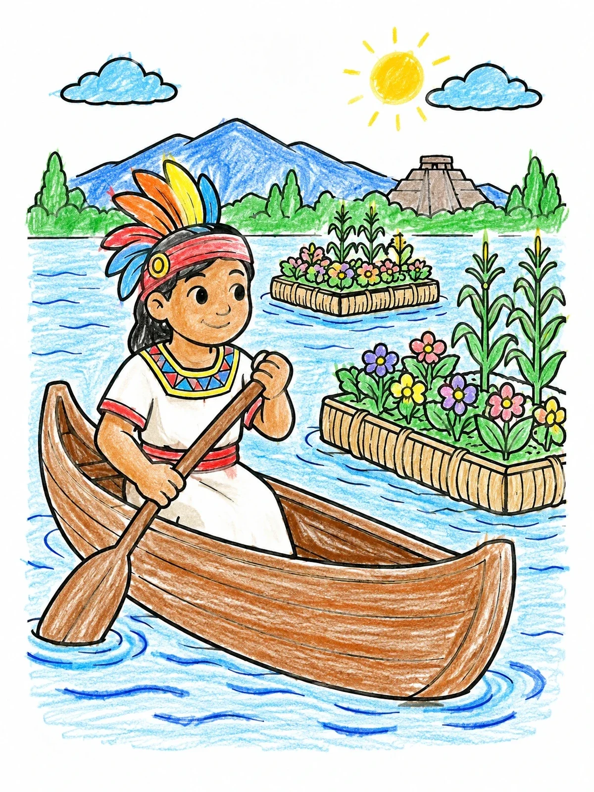 Colored example of the Aztec Farmer In A Wooden Canoe coloring page