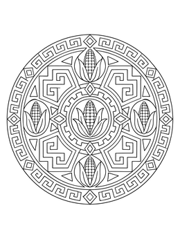 Circular aztec coloring page featuring decorative maize cobs and geometric step-fret motifs.