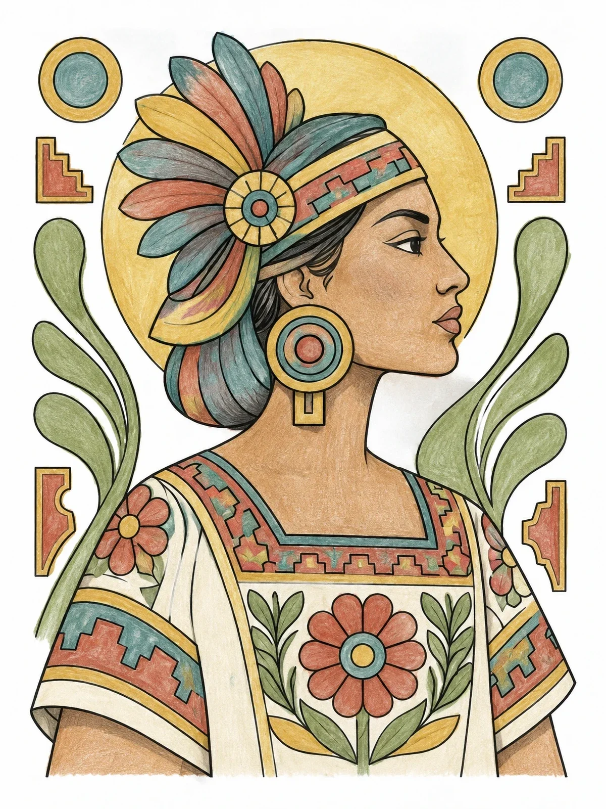 Colored example of the Aztec Noblewoman Profile Portrait coloring page