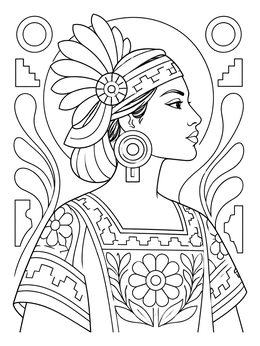 A detailed aztec coloring page showing the profile of an Aztec noblewoman in traditional attire.