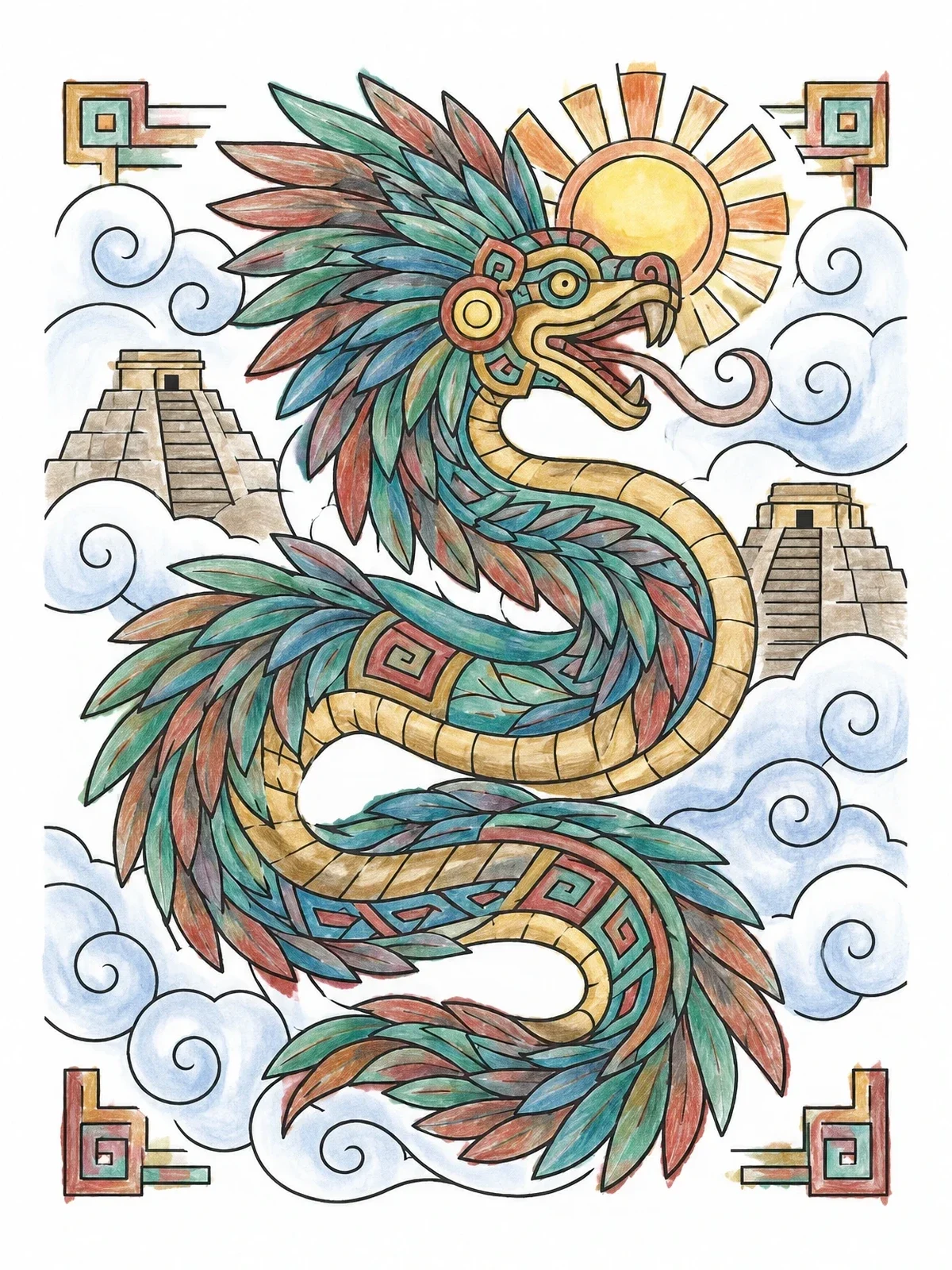 Colored example of the Quetzalcoatl Feathered Serpent And Pyramids coloring page