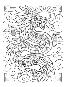 A detailed aztec coloring page featuring the feathered serpent Quetzalcoatl soaring above ancient stone temples.