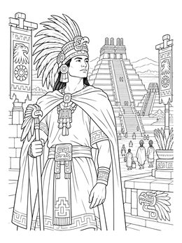 An aztec coloring page featuring a noble leader in front of a grand stepped temple plaza.
