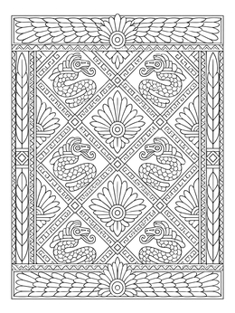 Symmetrical patterns frame serpents and feathers in this aztec coloring page.
