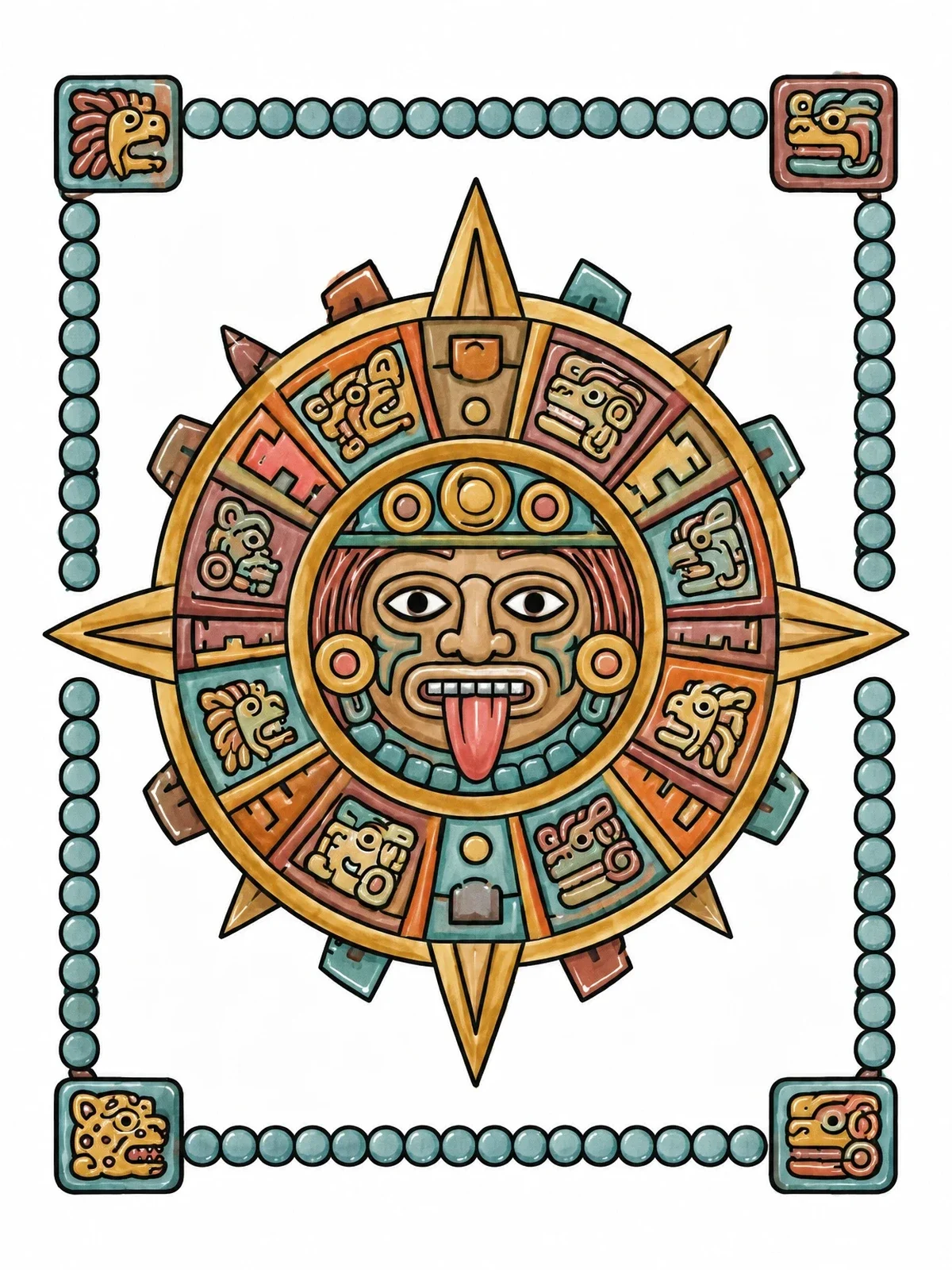 Colored example of the Aztec Sun Stone Calendar Wheel coloring page
