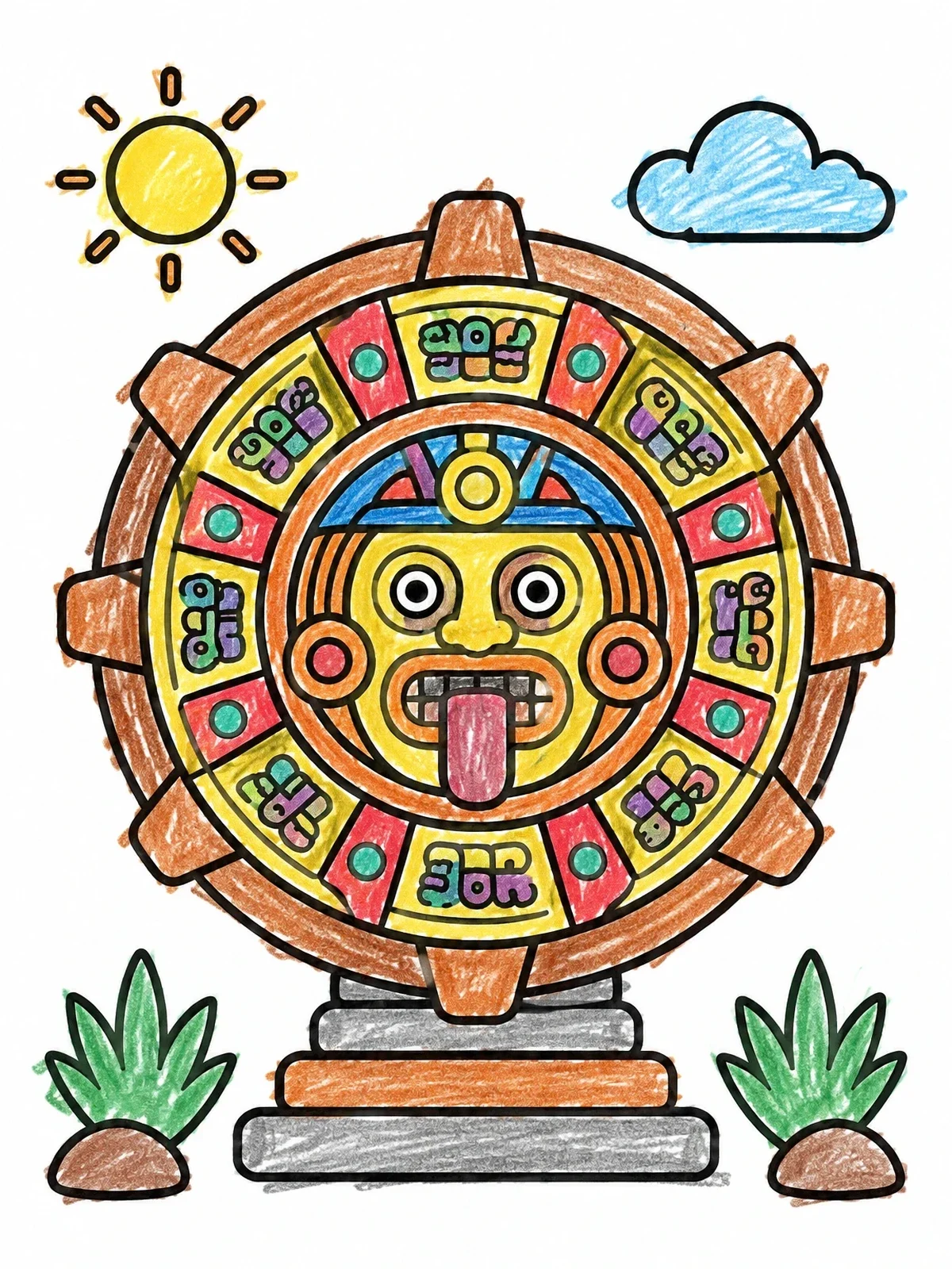 Colored example of the Aztec Sun Stone Monument coloring page