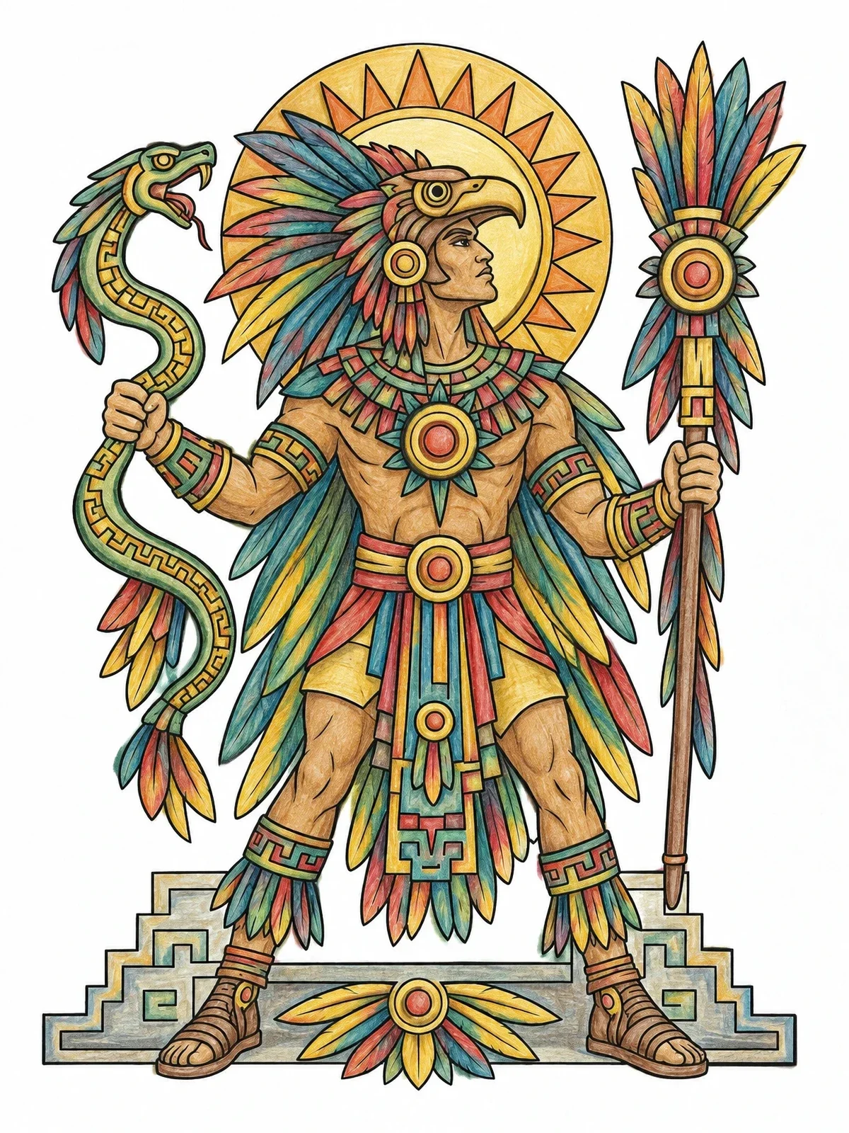 Colored example of the Aztec Sun Warrior With Feather Staff coloring page