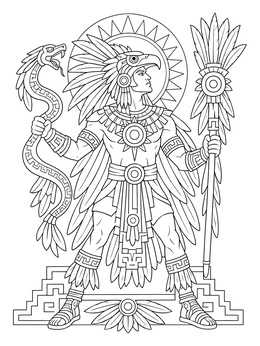 An adult aztec coloring page featuring a feathered warrior standing with a serpent staff.