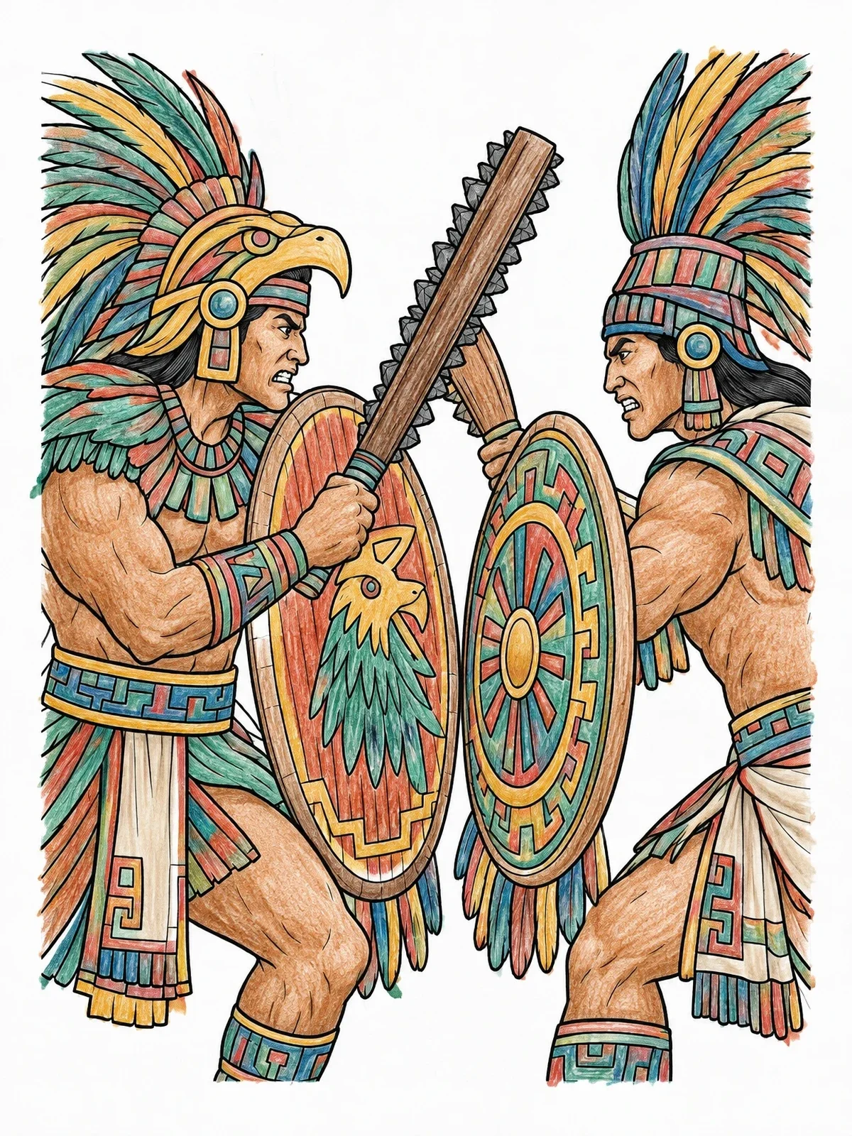 Colored example of the Aztec Warriors In Ceremonial Duel coloring page