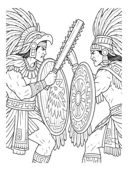 Two warriors face off with shields and macuahuitl clubs in this aztec coloring page.
