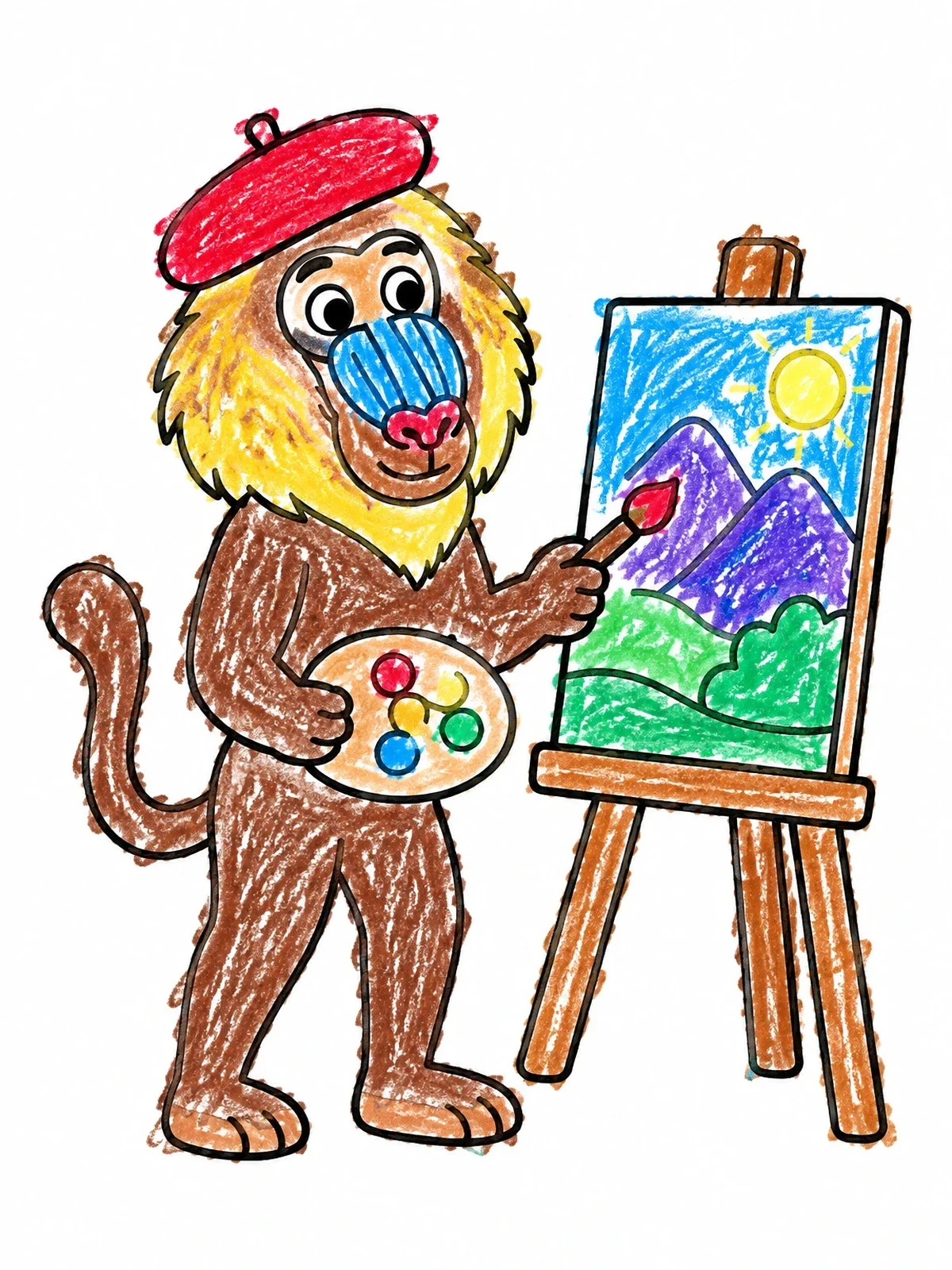 Colored example of the Baboon Artist Painting A Landscape coloring page