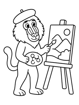 A cheerful baboon coloring page showing an artist with a beret painting a landscape on an easel.