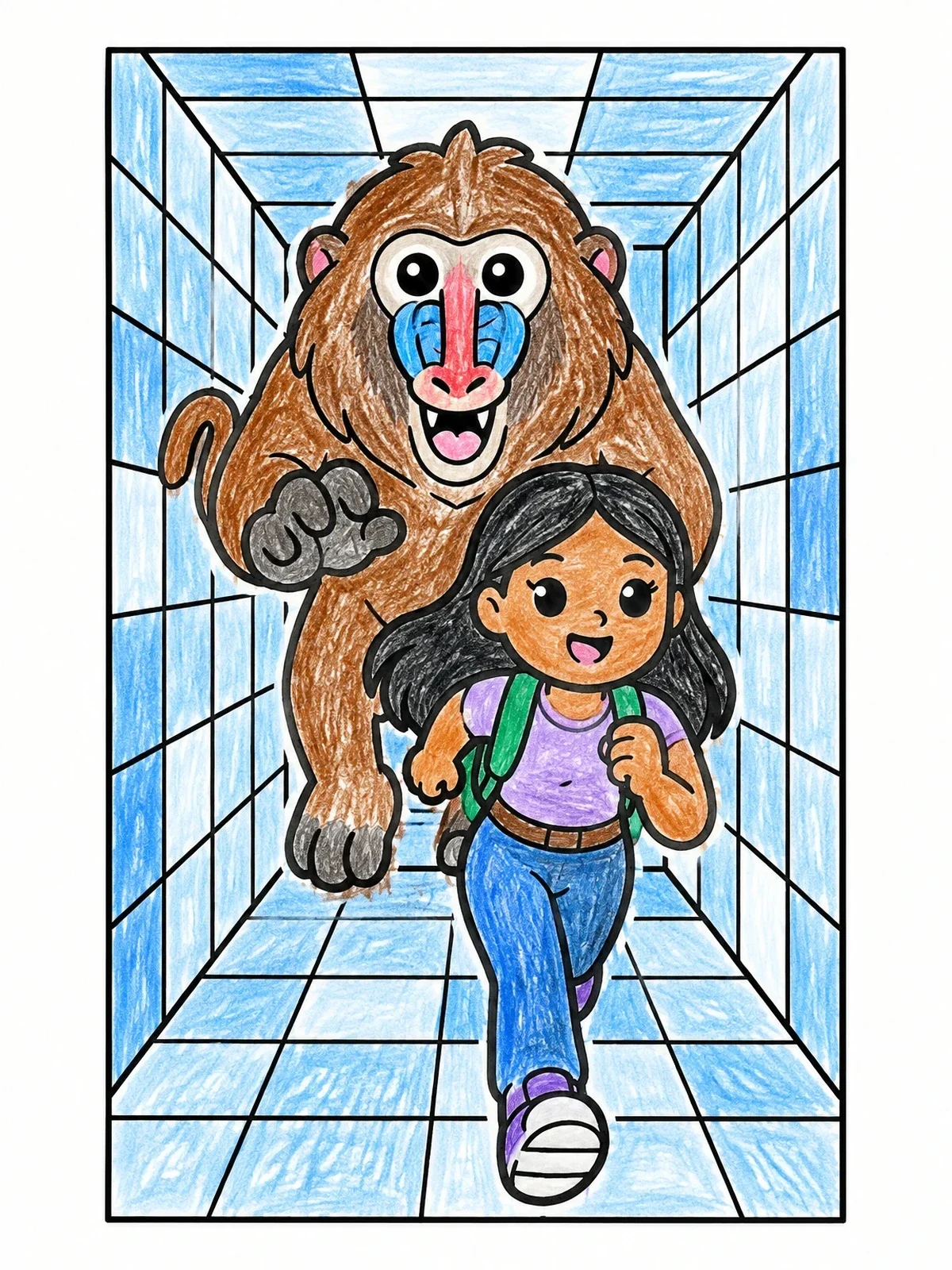Colored example of the Baboon Chasing Explorer In Maze coloring page