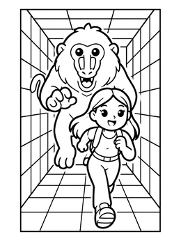 A baboon coloring page showing a playful baboon chasing an explorer through a grid hallway.