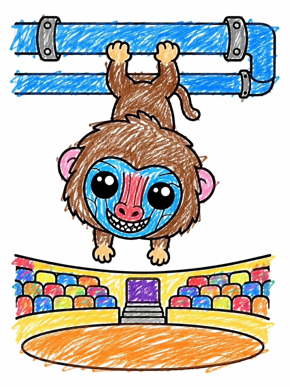 Colored example of the Baboon Hanging From Arena Pipes coloring page