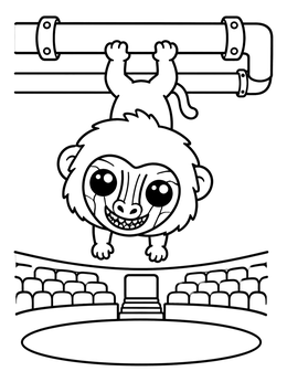 A playful baboon coloring page showing a grinning monkey hanging upside down from stadium pipes.