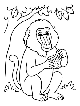 A friendly baboon coloring page showing the monkey sitting under a tree peeling a fig.