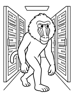 A curious baboon coloring page walking through a modern server room corridor.