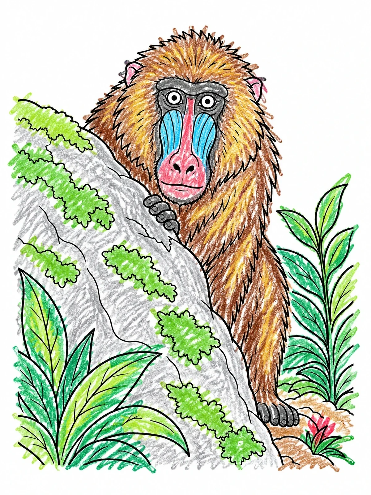 Colored example of the Baboon Peeking Behind Jungle Rock coloring page