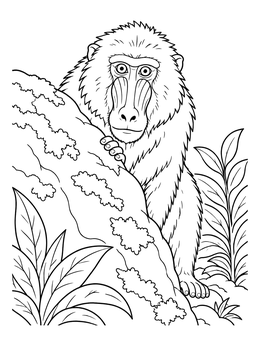 A detailed baboon coloring page showing the primate peering past a rock in the jungle.