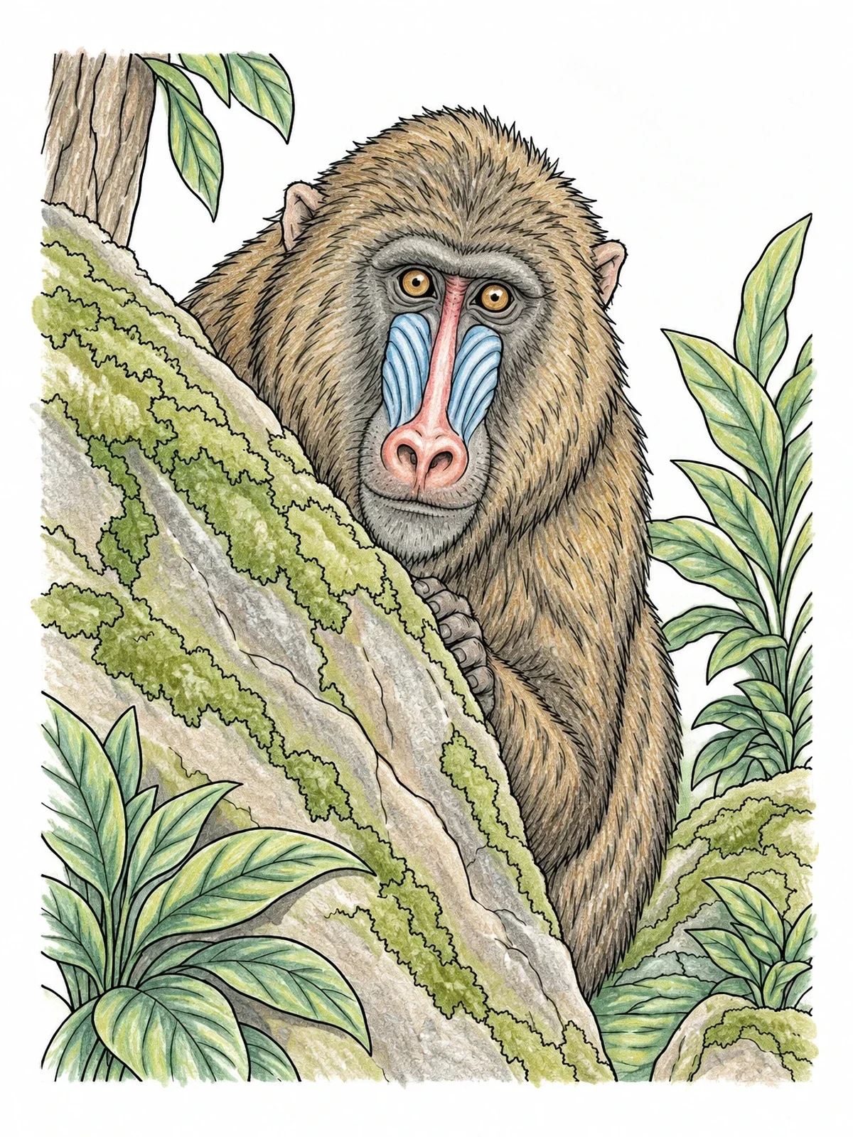 Colored example of the Baboon Peering From Behind Rock coloring page