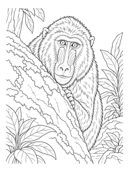 A detailed baboon coloring page showing the primate peering past a textured rock in the jungle.
