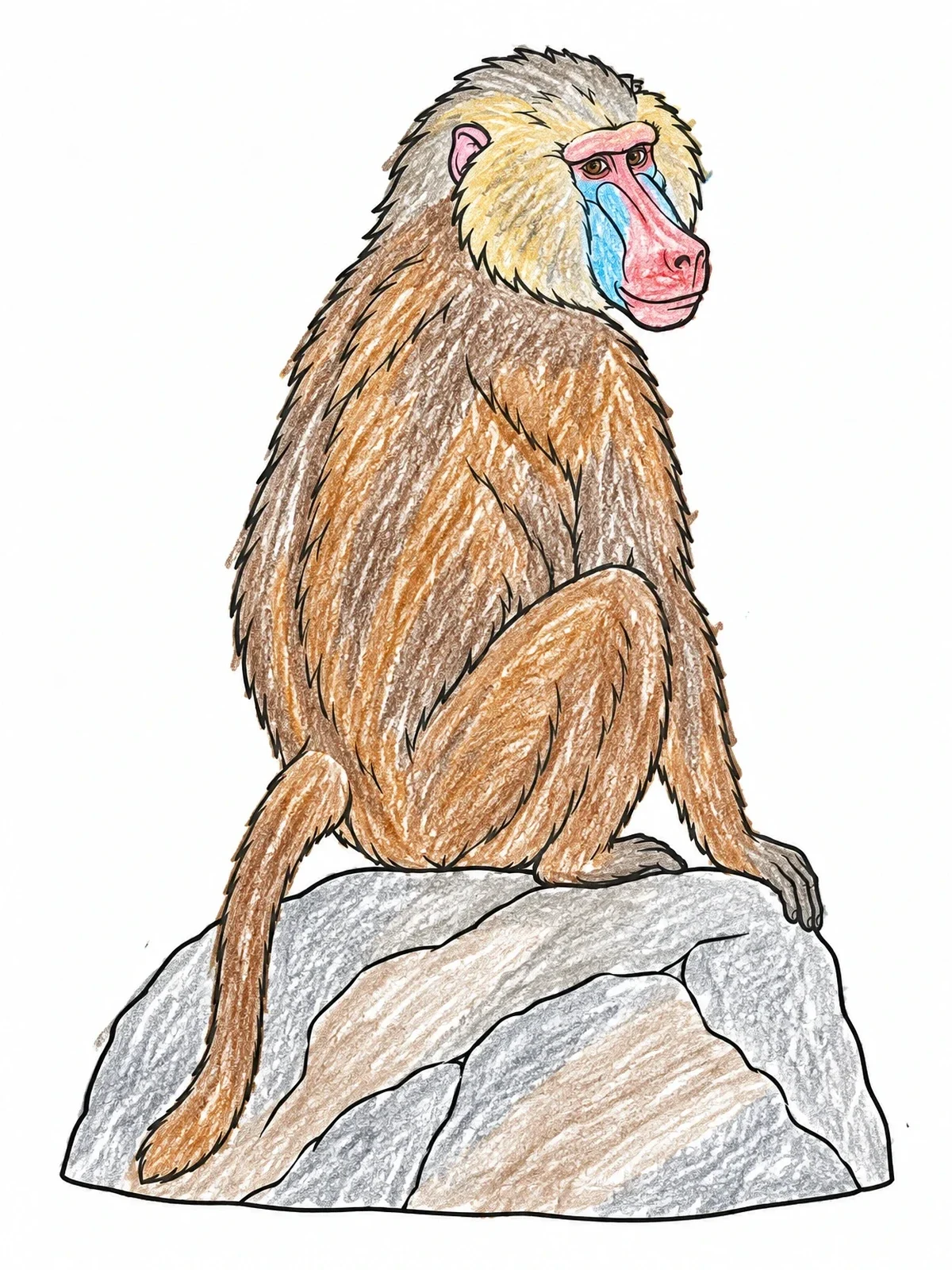 Colored example of the Baboon Perched On A Boulder coloring page