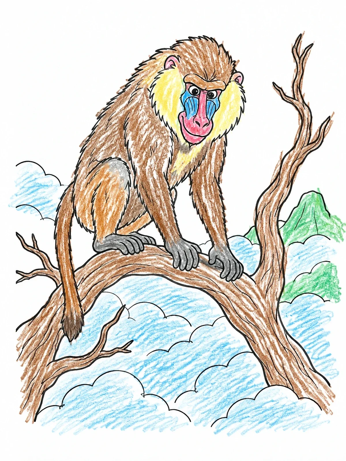 Colored example of the Baboon Perched On A Tree Branch coloring page