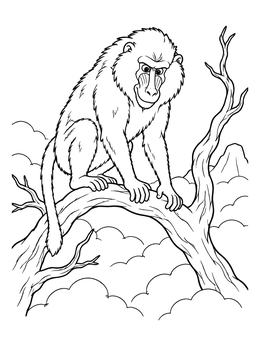A detailed baboon coloring page showing the monkey perched on a large tree branch outdoors.
