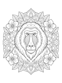 A detailed baboon coloring page framed by flowers and mandala patterns.