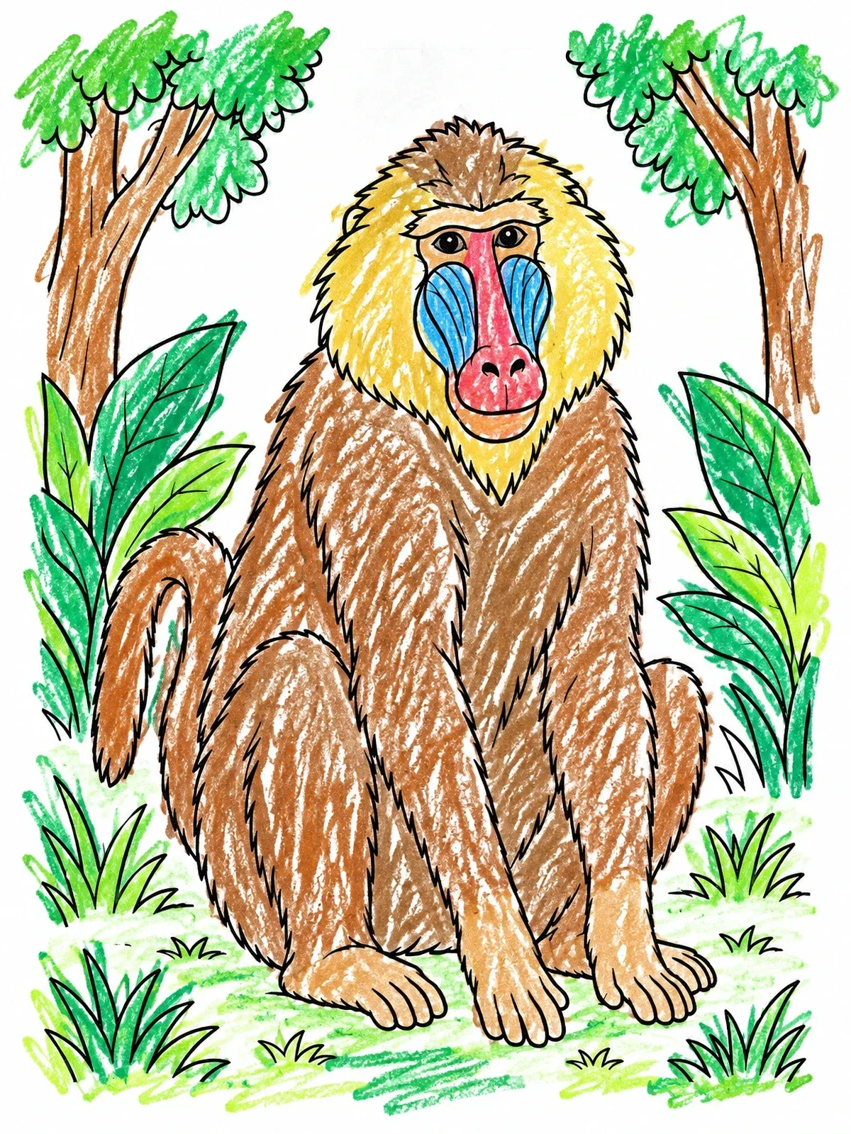 Colored example of the Baboon Resting In The Jungle coloring page