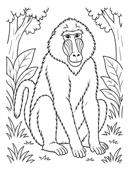 A detailed baboon coloring page sitting peacefully among jungle foliage and trees.