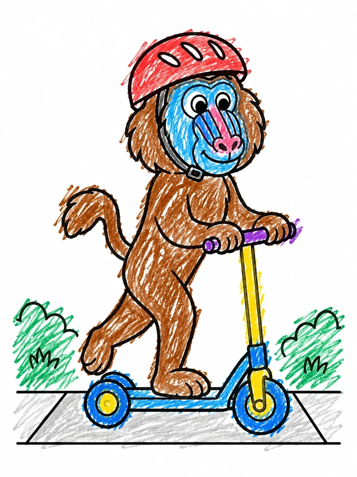 Colored example of the Baboon Riding A Kick Scooter coloring page