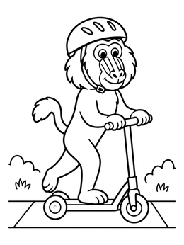 A cheerful baboon wearing a helmet rides a kick scooter on this baboon coloring page.