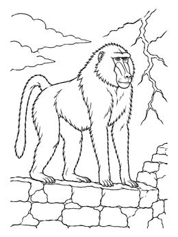 A detailed baboon coloring page standing on an old stone wall beneath a lightning storm.