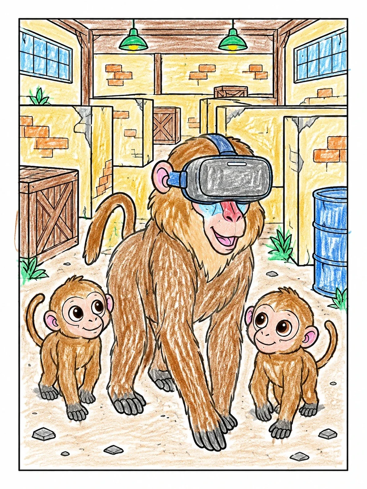 Colored example of the Baboon With Vr Headset And Babies coloring page
