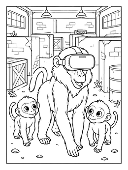 A friendly baboon coloring page featuring a VR headset and two cute baby monkeys.