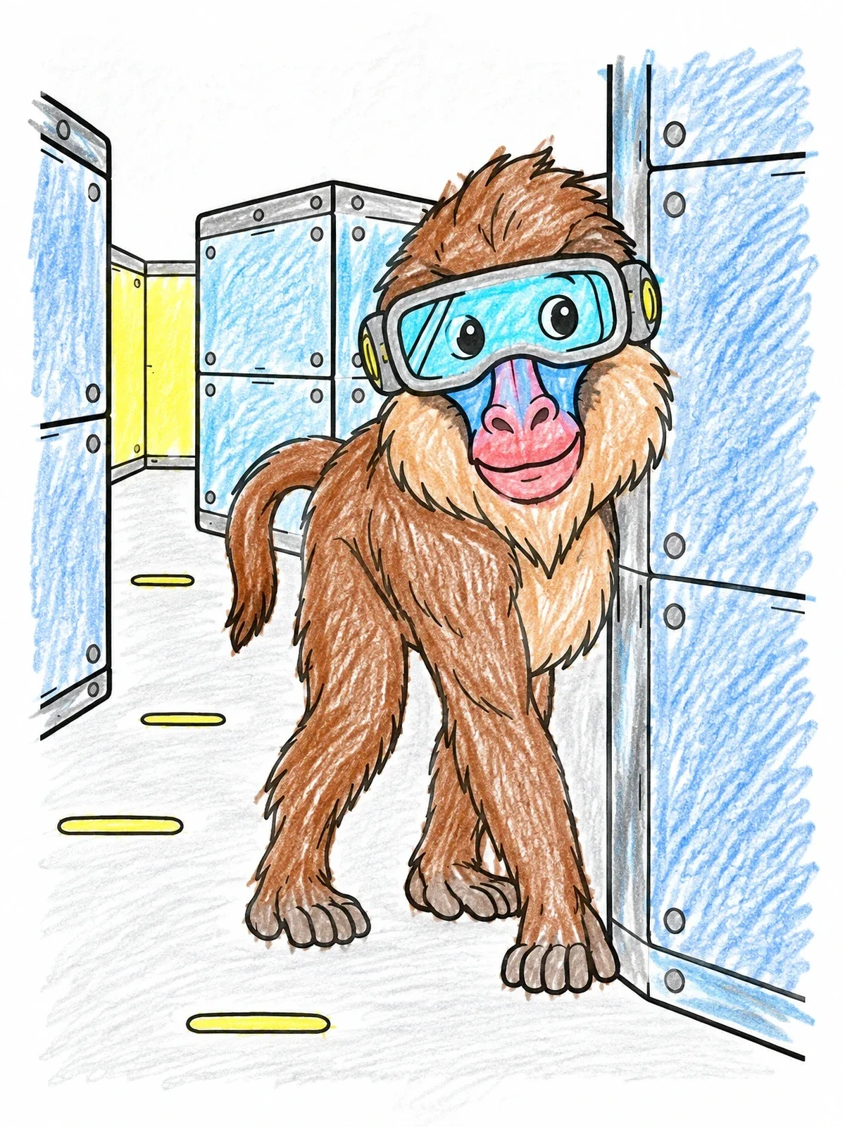 Colored example of the Baboon With Goggles In Sci Fi Corridor coloring page