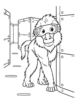 A baboon coloring page showing a playful monkey in goggles exploring a metal hallway.