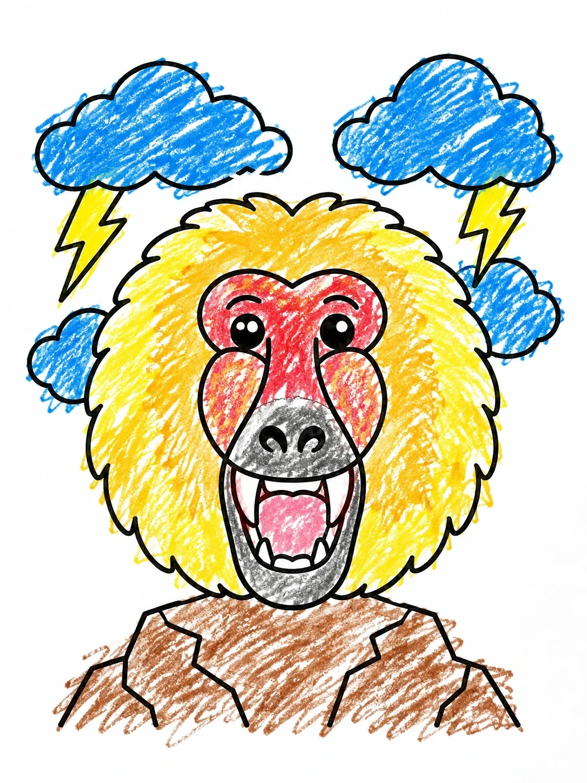 Colored example of the Baboon With Storm Clouds coloring page