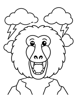 A simple baboon coloring page featuring a roaring baboon head with lightning and clouds.