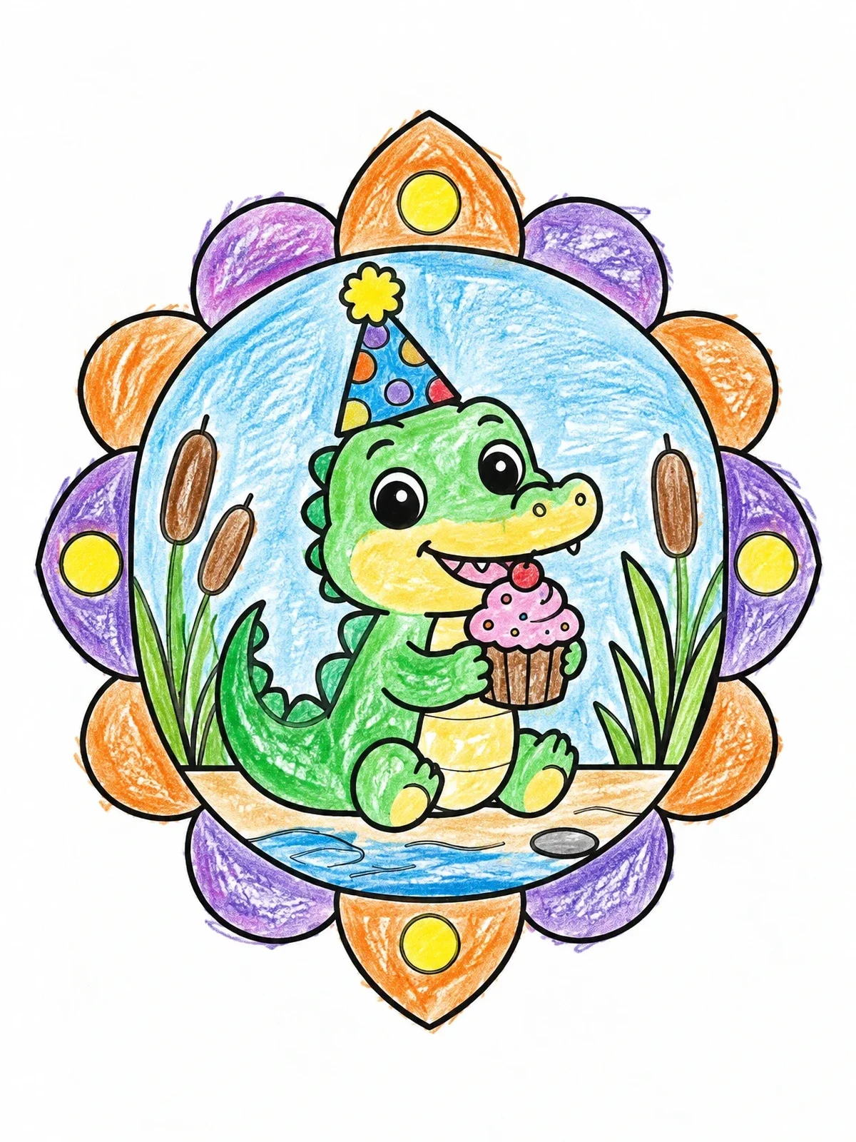 Colored example of the Baby Alligator With Birthday Cupcake coloring page