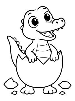 A cheerful baby in an alligator coloring page hatching from a cracked egg.