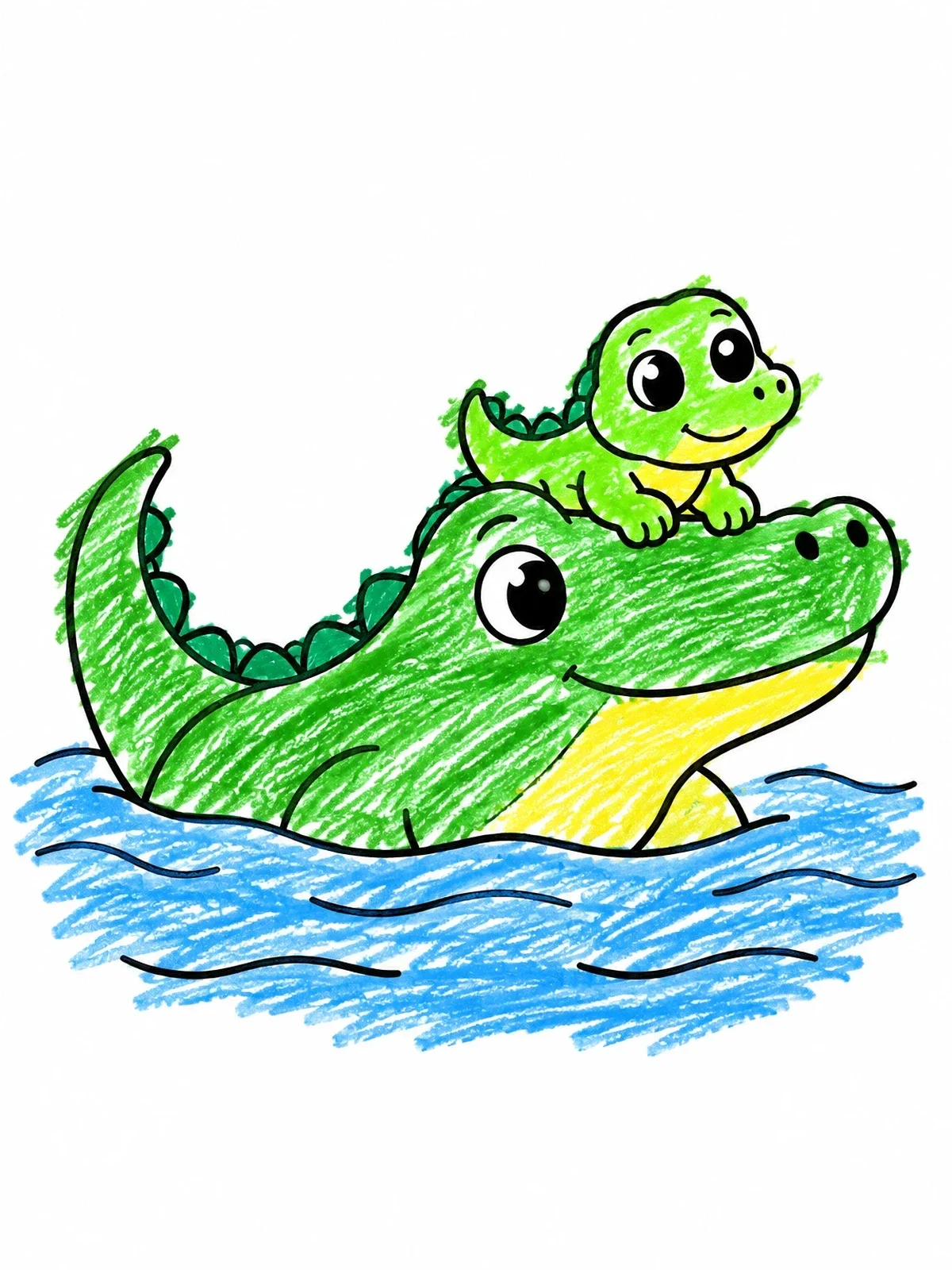 Colored example of the Cute Baby Alligator On Mother's Head coloring page