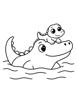 A sweet alligator coloring page showing a cute baby gator sitting on its mother's head in the water.