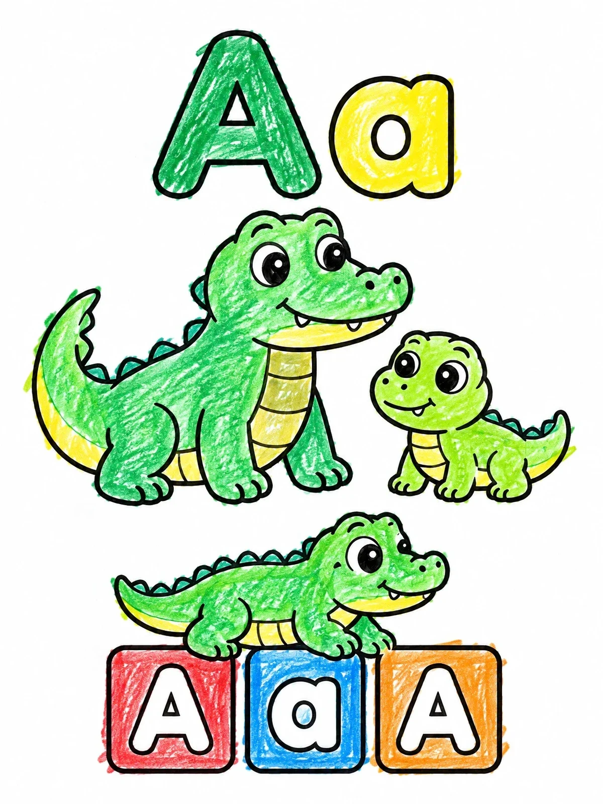 Colored example of the Cute Alligators And Letter A Blocks coloring page