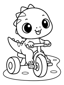A cheerful baby dino rides a trike in this allosaurus coloring page.