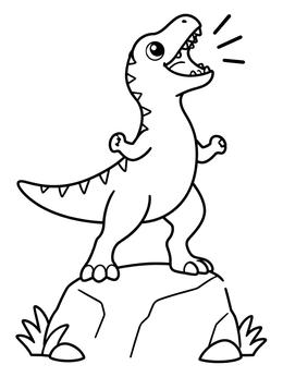 A roaring baby dinosaur stands tall on a boulder in this allosaurus coloring page.