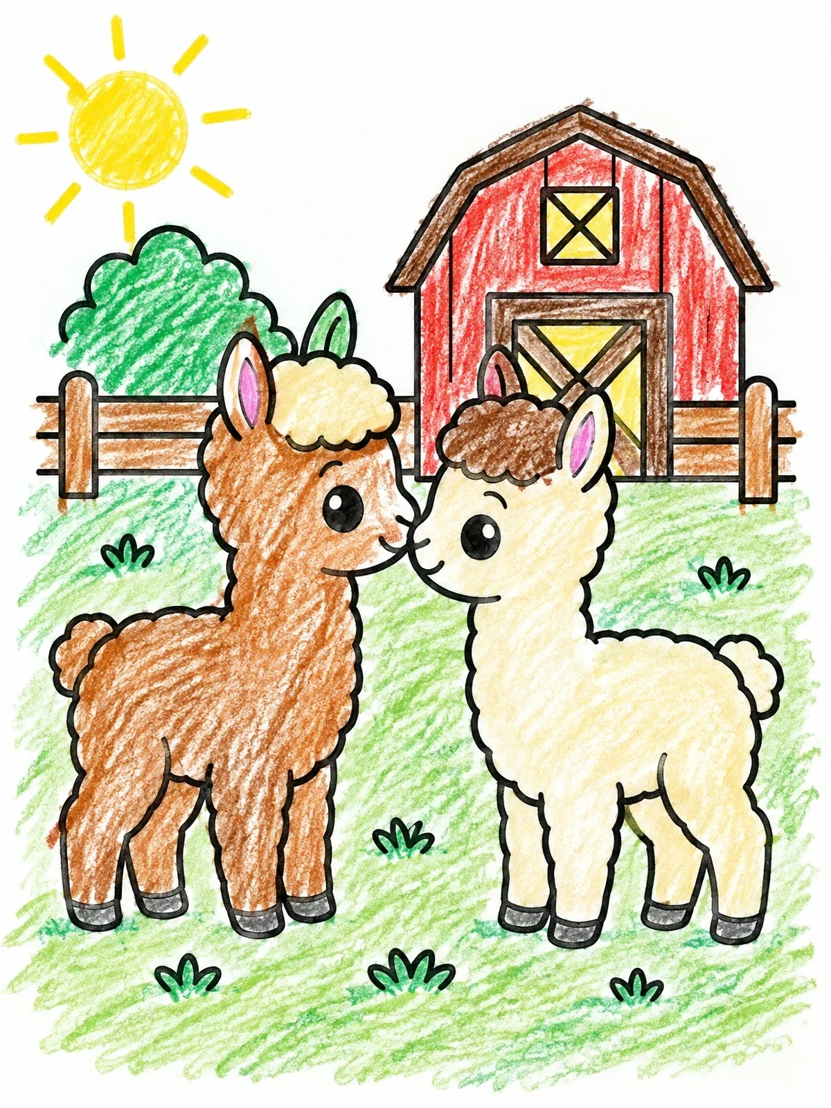Colored example of the Two Baby Alpacas Near A Barn coloring page